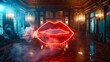 Glowing neon lips parting slightly, casting a sultry glow in a dimly lit, smoky room.