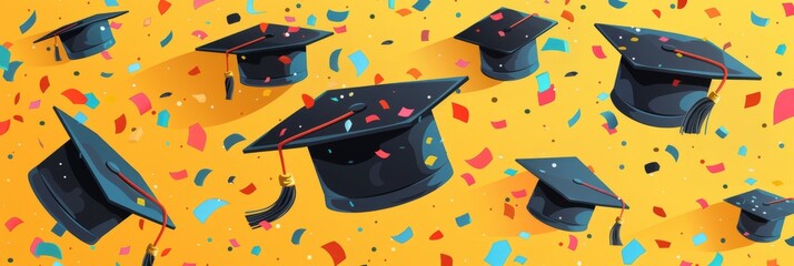 Wall Mural - Banner with flying graduation caps with confetti on yellow background, illustration