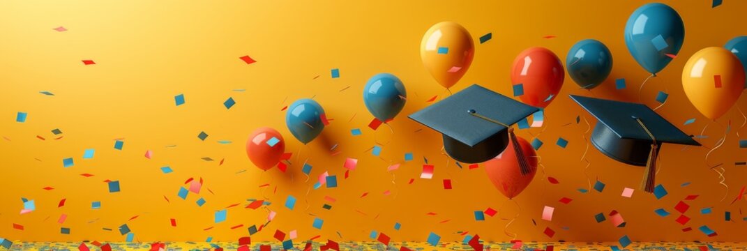 Banner with graduation caps with confetti and balloons on yellow background