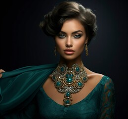 Wall Mural - Young woman in jewels on black background,