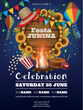 festa junina party poster with wooden signboard, sunflowers, corn cobs and wicker hat. june brazilian festival flyer with colorful pennants, confetti and lanterns