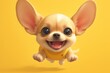 Happy Chihuahua dog jumping in the air isolated on a yellow background