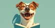 photo of happy dog wearing glasses reading a book on a pastel background