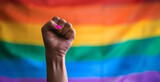 Fototapeta  - A woman protests with her fist raised on gay pride day with the LGBT flag in the background