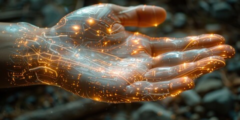 Poster - A persons hand with vibrant glowing lights shining on it.