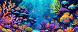 Underwater vector background, banner. Life at sea or ocean bottom. Exotic undersea world with coral reef, colorful fish, cute underwater creatures. Marine landscape, seascape.