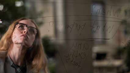 Caucasian woman with glasses writes formulas on a glass wall. 