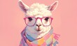 white llama with pink glasses and colorful scarf on pastel background