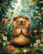 A cartoon hedgehog is smiling and making a peace sign. The image is of a forest with lots of flowers and plants