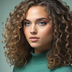 Wall Mural - Beautiful young woman with curly hair in Bright Colours 