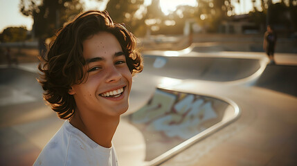 Teenage Boy with a Charming Smile at Skate Park, Copy Space