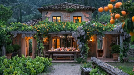 Wall Mural -   A house with oranges growing on its roof, and a table in the middle of the front yard