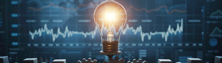 Innovative concept of gears turning around a central lightbulb, analytics charts glowing in the background ar 54