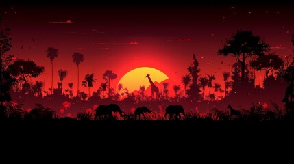 Sticker -   A sunset silhouette featuring giraffes and elephants in the foreground, palm trees in the back