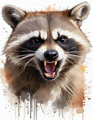 Wall Mural - Angry racoon portrait  in bright colours in watercolor style isolated on white, anger, emotion control concept