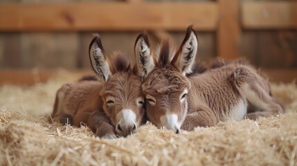 Wall Mural - a couple of donkeys rest next to each other atop a high stack of hay on a wooden floor