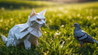 Origami paper cat and a pigeon facing each other on meadow. Children's book illustration.