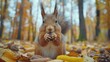 Squirrel Eating Nut in Pile of Leaves