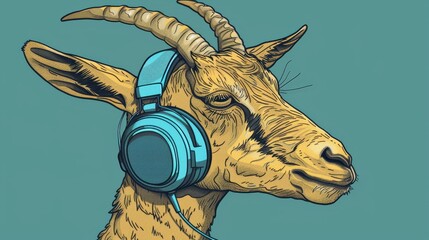 Wall Mural -   A goat dons headphones, gazing at the camera