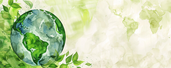 Artistic watercolor illustration of planet Earth and green leaves. World globe background with copy space. Environmental sustainability awareness campaigns, eco-friendly posters, or Earth Day banner