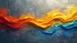   A painting of a wave in yellow, blue, and red hues against a gray and white backdrop, featuring yellow and blue swirls