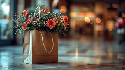 Wall Mural -   A bloom-filled shopping bag sits on the ground, in front of a storefront window The window is adorned with lights in the background