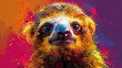   A tight shot of a small animal against a vibrant backdrop, its visage adorned with paint splatters