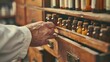 Homeopathic doctor's hand selecting a homeopathic remedy from a vintage wooden cabinet filled with neatly organized remedy bottles. Homeopathic treatment, alternative medicine, natural healthcare