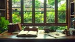 © Jafree - Homeopathic consultation room, featuring wooden desk with collection of homeopathic books, mortar and pestle with dried herbs, and a serene window view of lush garden. Concept of homeopathy