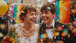 A lgbtq couple wedding ceremony in pride theme filled with love and happiness, love wins, pride month