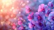   A scene featuring a multitude of pink and purple blooms against a backdrop of soft blue and pink hues, with a gently blurred light source illuminating the foreground
