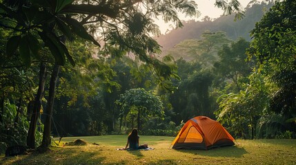 a lone asian woman enjoys nature's beauty while camping solo in a tranquil thai park. her travel adv