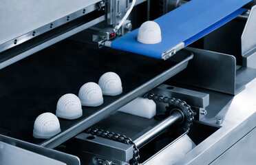 Poster - A conveyor belt is moving a series of white plastic balls. The balls are being made in a factory