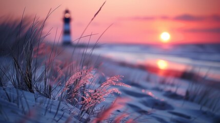 Wall Mural - Beacon at Dusk - The setting sun casts a warm glow over the beach, with a lighthouse standing as a tranquil silhouette in the distance.