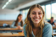 young smiling student girl in classroom of educational institution, blurred background