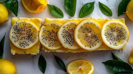 Sticker -   A tight shot of sliced lemons on a pristine white backdrop, surrounded by green lemon leaves and whole fruits in the background