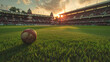 A baseball is sitting on the grass in a stadium. The sun is setting in the background