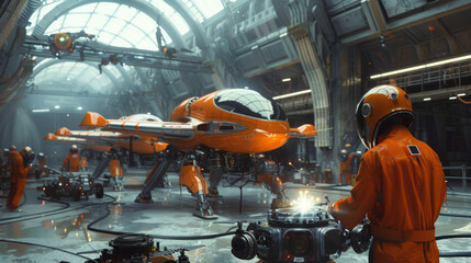 Poster - A man in an orange jumpsuit is standing in front of a large orange robot. The robot is surrounded by other robots and people in orange jumpsuits