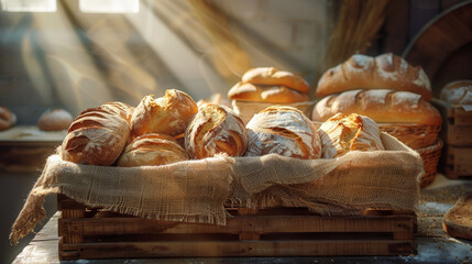 Poster - A basket of bread is sitting on a wooden table. The bread is fresh and has a nice golden color. The basket is covered with a cloth, which gives it a rustic and homey feel. The scene suggests a cozy