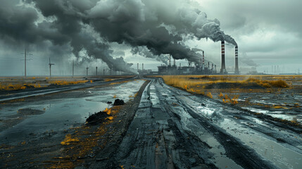 Sticker - A desolate landscape with a road that is covered in mud and oil. The sky is dark and cloudy, and there is a lot of smoke in the air. The scene is bleak and foreboding, with the oil