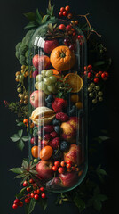 Wall Mural - A glass container filled with a variety of fruits and vegetables. Concept of abundance and freshness, with the fruits and vegetables arranged in a visually appealing manner