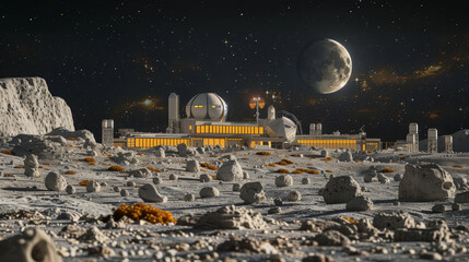 Wall Mural - a space station is shown in the foreground of a desolate landscape. the station is surrounded by roc