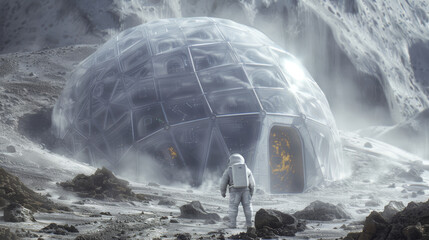 A man in a white space suit stands in front of a large dome. The dome is surrounded by rocks and snow. The man is exploring the area