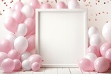 Fototapeta Tulipany - Mockup for invitation. Festive greeting card with empty frame and white pink balloons for birthday or celebration events. Flyer template. Copy space