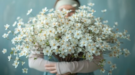 Sticker -   A woman, blindfolded, holds a bouquet of white flowers against a blue backdrop