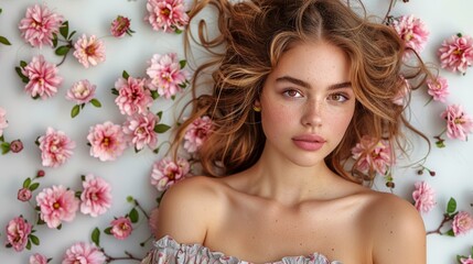 Wall Mural -   A stunning young woman reclines atop a bed of pink blossoms, her cascading hair catching the breeze that plays with the adjacent pink flower wall