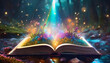 An open magic book with growing lights, magic powder and beautiful sparkles. Fairytale plants grow from the pages of a magic book. against the backdrop of a magical forest. Generative AI.