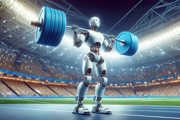 Wall Mural - The robot competes and lifts a heavy barbell with a lot of weight.