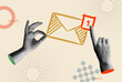 Inbox mail message notification and hand in retro collage vector