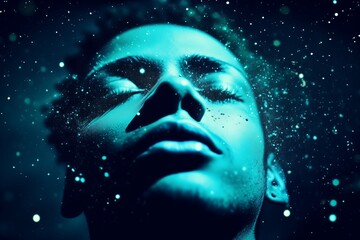 Poster - Mans face in the cosmic night. A portrait of a young individual lost in the vastness of space,